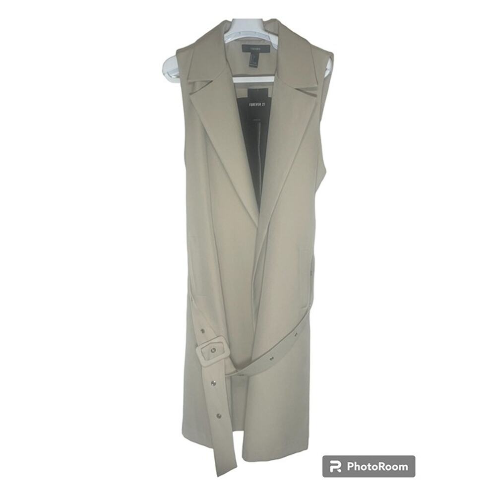 Forever 21 Sleeveless Duster Vest Belted Open Front Long Beige Womens Size L NWT